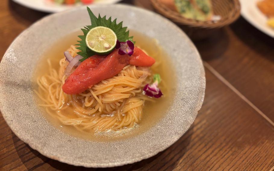 Mentaiko pasta on the table.